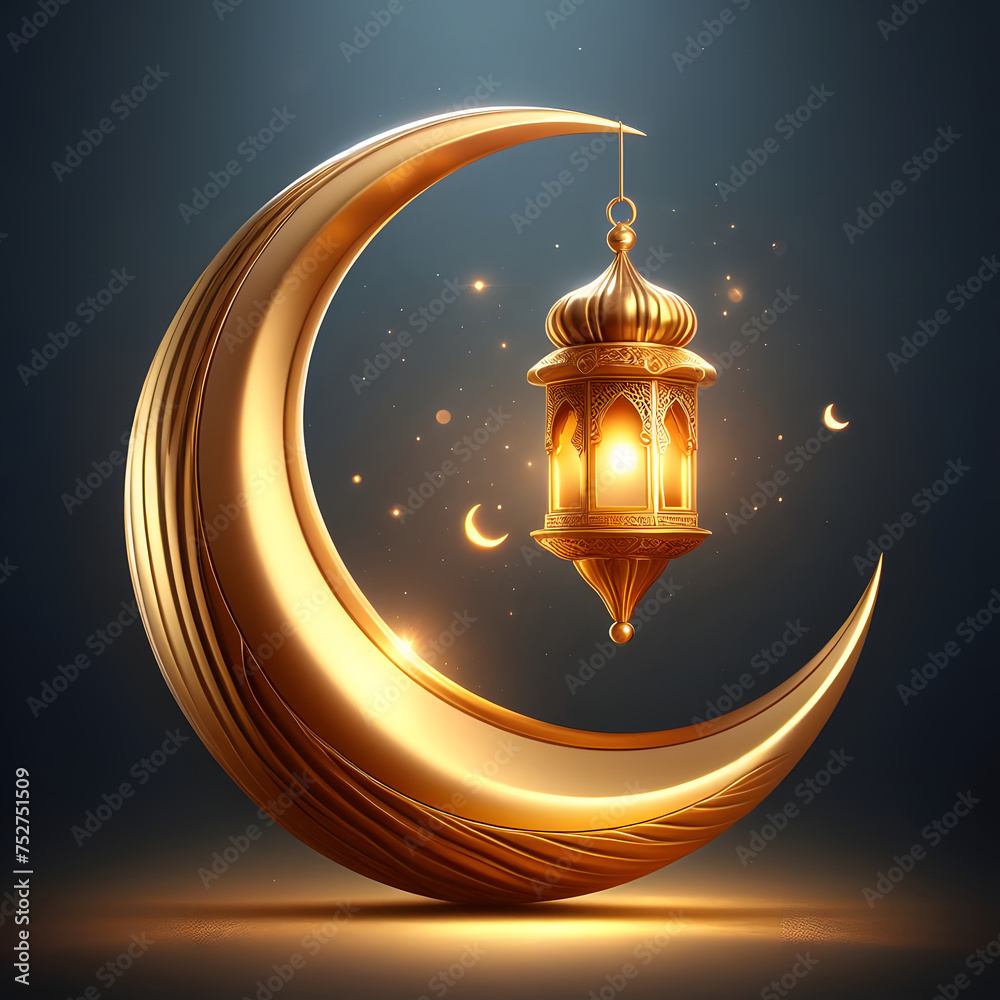 Golden crescent moon with one lanter, arabic holiday design, Ramadan background, Celebrating Ramadan Golden crescent moon with one lanter, arabic holiday design, Ramadan background, Celebrating Ramadan