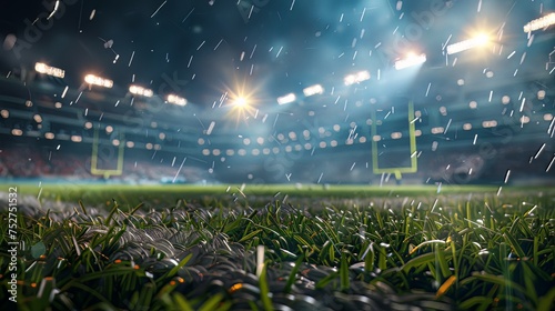 3D rendered American football arena with yellow goal posts, grass field, blurred fans, and flashing lights captures the essence of outdoor sports, championships, and games.  photo