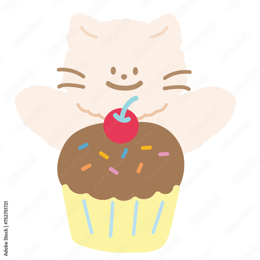 Cupcake with cute cat for sweet dessert, patches, plush toy, bakery, pastry, animal, pet, vet, cafe, brunch, restaurant, menu, baking book, recipe, card, print, cartoon character, comic, doll, brunch