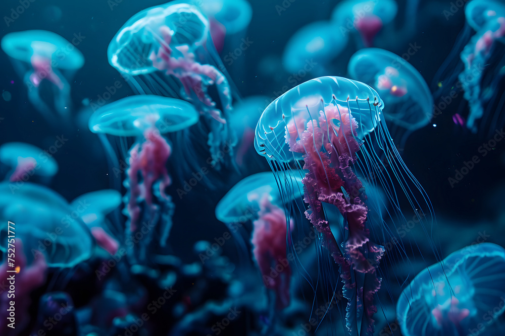 glowing sea jellyfishes on dark background, neural network generated art. Neural network generated in January 2024. Not based on any actual scene or pattern. glowing sea jellyfishes on dark background, neural network generated art. Neural network generated in January 2024. Not based on any actual scene or pattern.