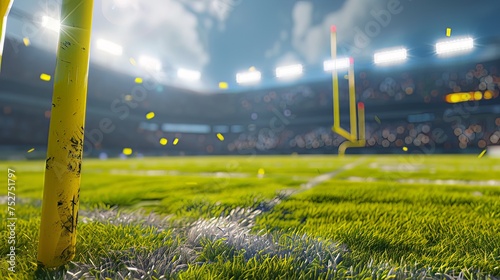 3D rendered American football arena with yellow goal posts, grass field, blurred fans, and flashing lights captures the essence of outdoor sports, championships, and games. 