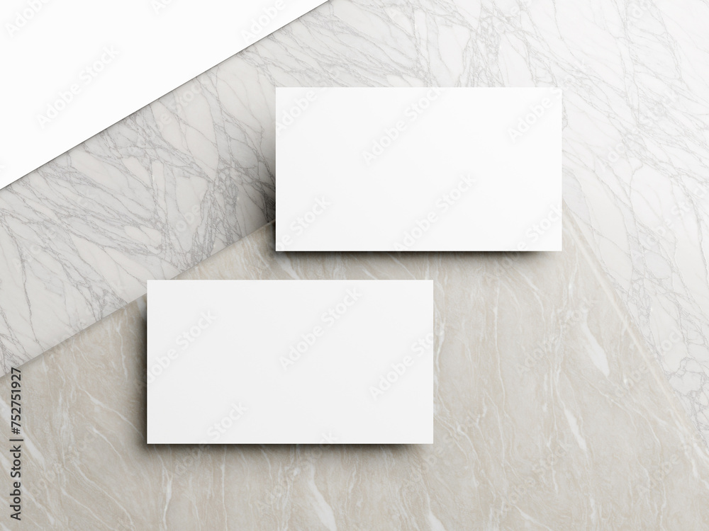 Blank white business card mockup on marble background 3d render illustration for mock up and design presentation. Blank white business card mockup on marble background 3d render illustration for mock up and design presentation.