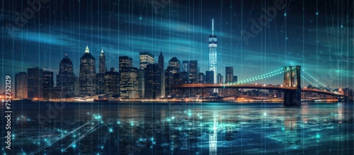 city background at night, double exposure of growing arrows and metaverse abstract lines. Smart city concept, futuristic technology and business growth