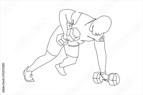 Weight training in continuous one line drawing. Fitness stretching concept. Trendy one line draw design vector illustration