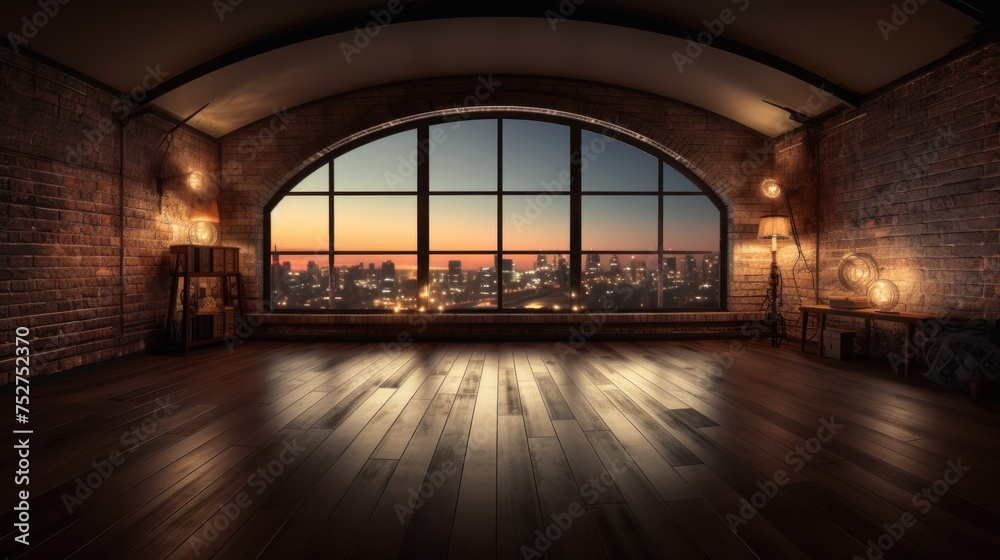 Empty room with large windows overlooking the night city.