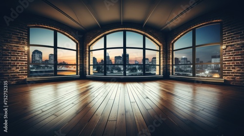 Empty room with large windows overlooking the night city.