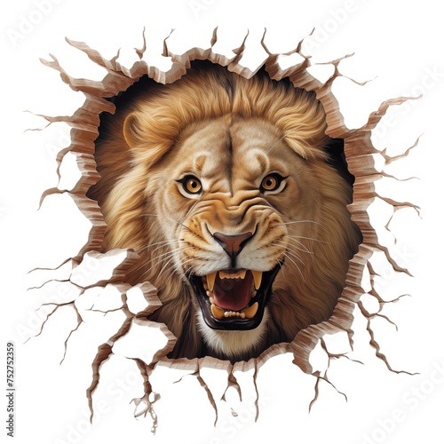 Lion breaks through the wall, transparent background Png file.