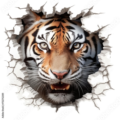Tiger breaks through the wall, transparent background Png file.