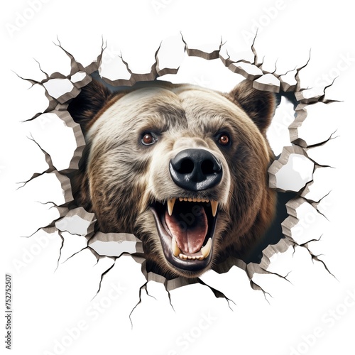 Bear breaks through the wall, transparent background Png file.