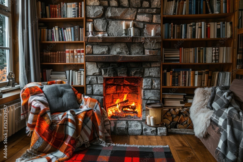 Warm living room with a lit fireplace, bookshelves, and a checkered blanket on a chair. Warm living room with a lit fireplace, bookshelves, and a checkered blanket on a chair.