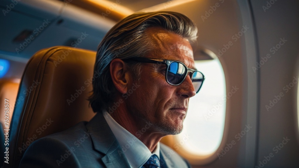Businessman enjoy airplane luxurious first-class cabins Businessman enjoy airplane luxurious first-class cabins
