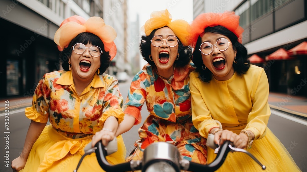 Group of smiling chinese women in colorful traditional attire posing with a bicycle outdoors