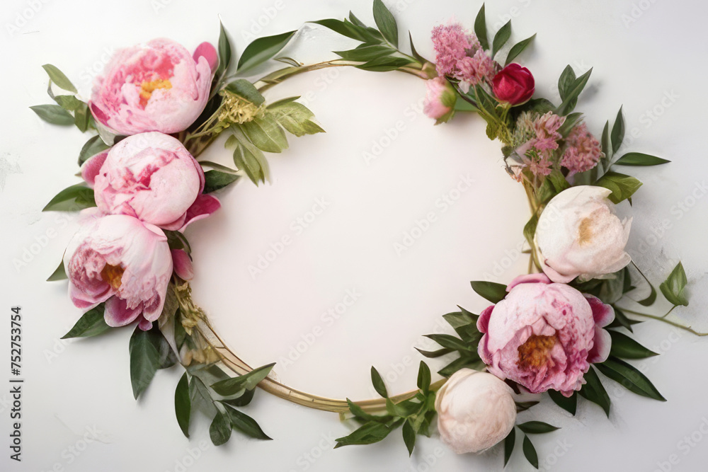 wreath of peonies with green leaves .Generative AI.wedding concept