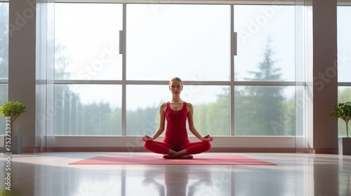 Young woman doing yoga and deep breathing exercises in serene meditation for wellness and relaxation photo