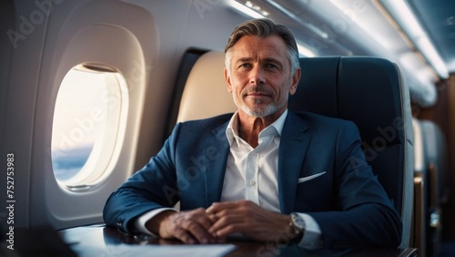 Businessman enjoy airplane luxurious first-class cabins © RENDISYAHRUL