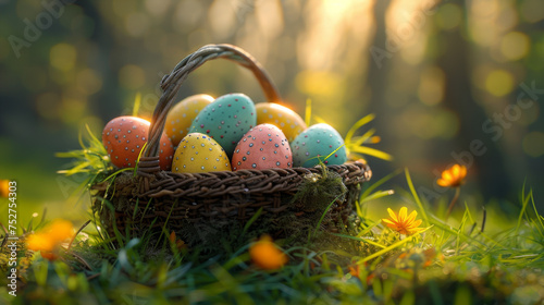 Basket of easter eggs on green grass at sunny day.