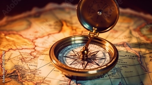 Old compass on vintage map. Retro stale photo