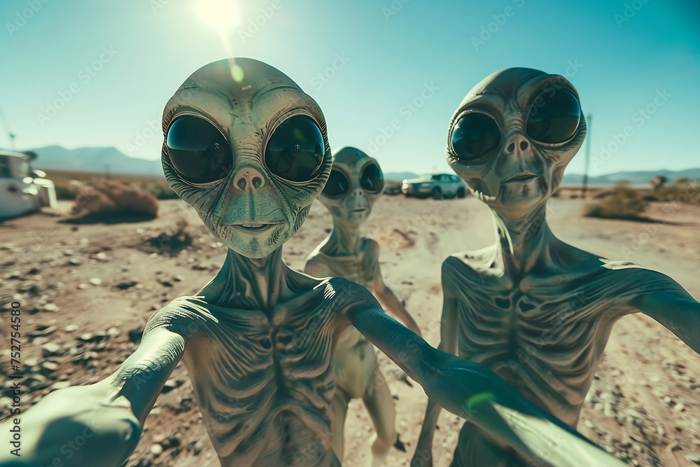 Green Aliens with Big Eyes Taking a Selfie Outside Area 51