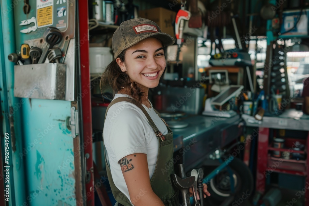 side view of 21 year old latam female Mechanic, standing in front of a Mechanic shop,holding a wrench smiling
side view of 21 year old latam female Mechanic, standing in front of a Mechanic shop,holding a wrench smiling