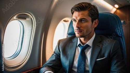 Businessman enjoy airplane luxurious first-class cabins photo