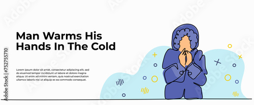 Vector illustration of a young man felt shivering during the winter. Modern flat in continuous line style.