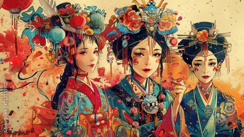 Illustration of three Asian women wearing retro clothes at celebration time.