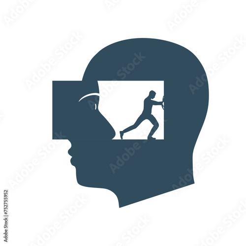 Self discovery, finding yourself searching for self value, success dream or meaning of life, exploration, inner or inside concept. A person looking inside his head. Mindfulness and mental health.