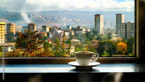 cup of coffee at the window with a city view of Addis Ababa, Ethiopia. Seamless looping 4k time-lapse video animation background  photo
