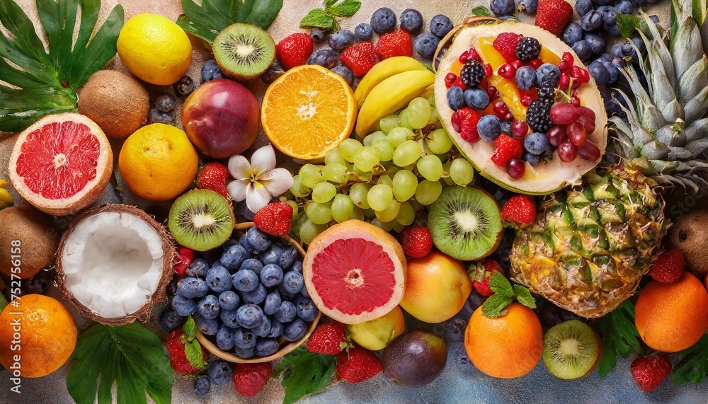 Tropical Feast: Colorful Selection of Fresh Fruits, Viewed from the Top Tropical Feast: Colorful Selection of Fresh Fruits, Viewed from the Top