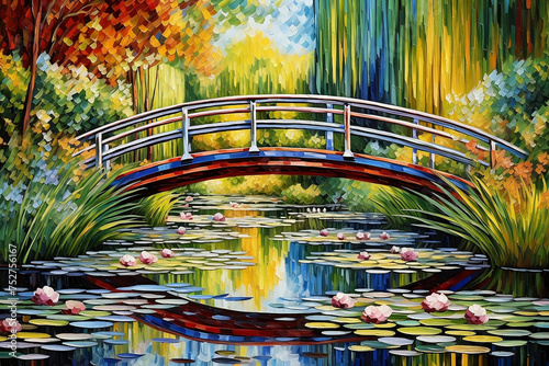 A Vibrant Japanese Bridge Over a Lily Pond in Spring or Summer in the Style of French Impressionism photo