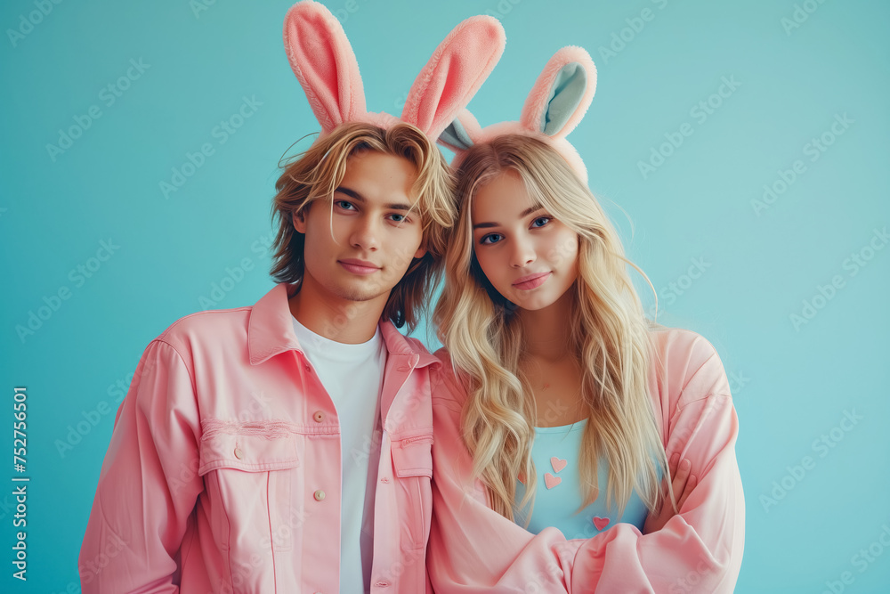 Happy mixed race couple in bunny ears on blue background. Easter concept