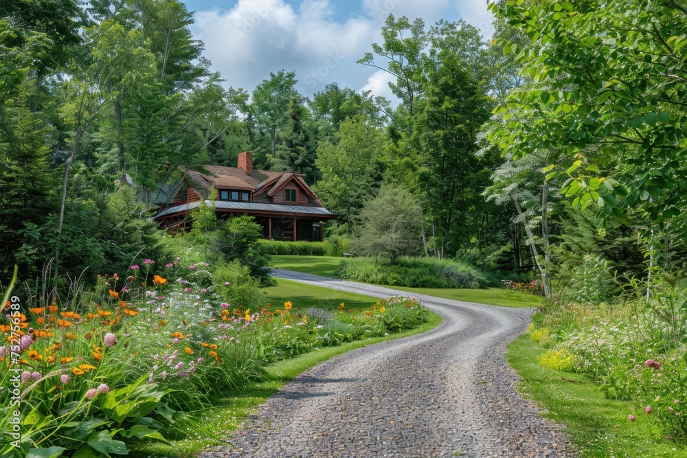 A gravel driveway leading to a secluded house amidst lush greenery and vibrant flowerbeds. A gravel driveway leading to a secluded house amidst lush greenery and vibrant flowerbeds.