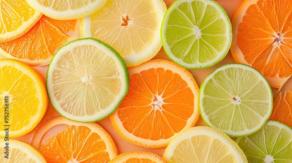 Fototapeta premium Citrus fruit slices. Tangerines, orange, allergy, lemon, tangerine, grapefruit, lemonade, vitamin C, juice, sour, aroma, tropics. Generated by AI
