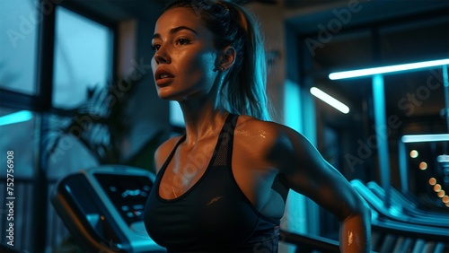 Close up image of attractive fit woman in gym. Fitness woman in gym. Generative AI.
