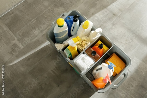 High-angle view of a cleaning caddy with various products and tools. Spring cleaning concept.