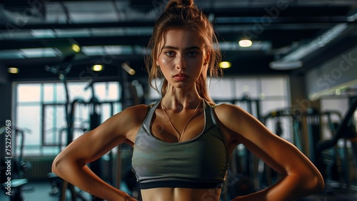Close up image of attractive fit woman in gym. Fitness woman in gym. Generative AI.