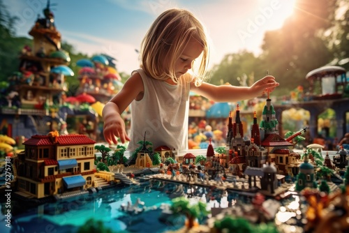 Joyous moment of a kid engrossed in play, creating a world of wonder with vibrant and colorful lego pieces, AI generated photo