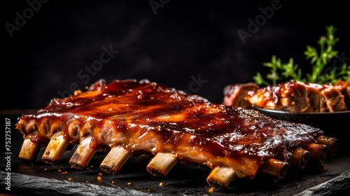 Barbecue Ribs on black background. Generative AI