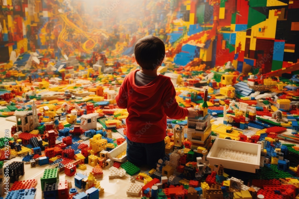Joyous moment of a kid engrossed in play, creating a world of wonder with vibrant and colorful lego pieces, Ai generated