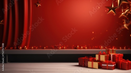 Merry Christmas banner on a studio table, room product display with blank space