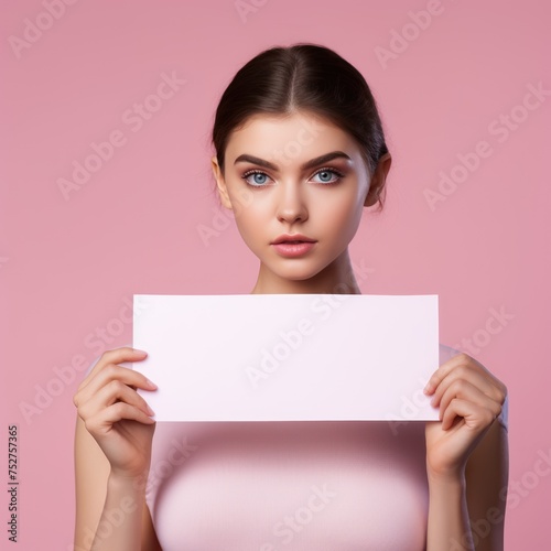 Woman model holding a blank white placard product in a studio with a pink background. © crazyass