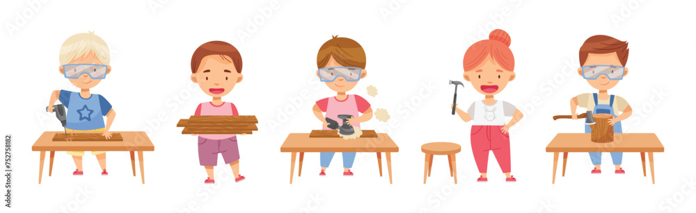 Children at Table Woodworking Making Items from Wood Vector Set Children at Table Woodworking Making Items from Wood Vector Set
