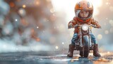 3D cartoon a cute young boy ridding  retro classic motorbike