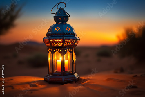 The lantern lights in the desert at night have a Ramadan feel with generative ai