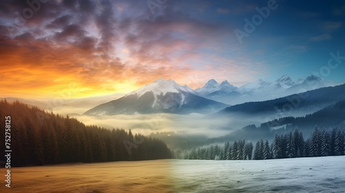 Foggy sunrise in the Carpathian mountains. Panorama © I