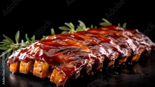 Barbecue Ribs on black background. Generative AI