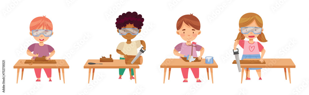 Children at Table Woodworking Making Items from Wood Vector Set