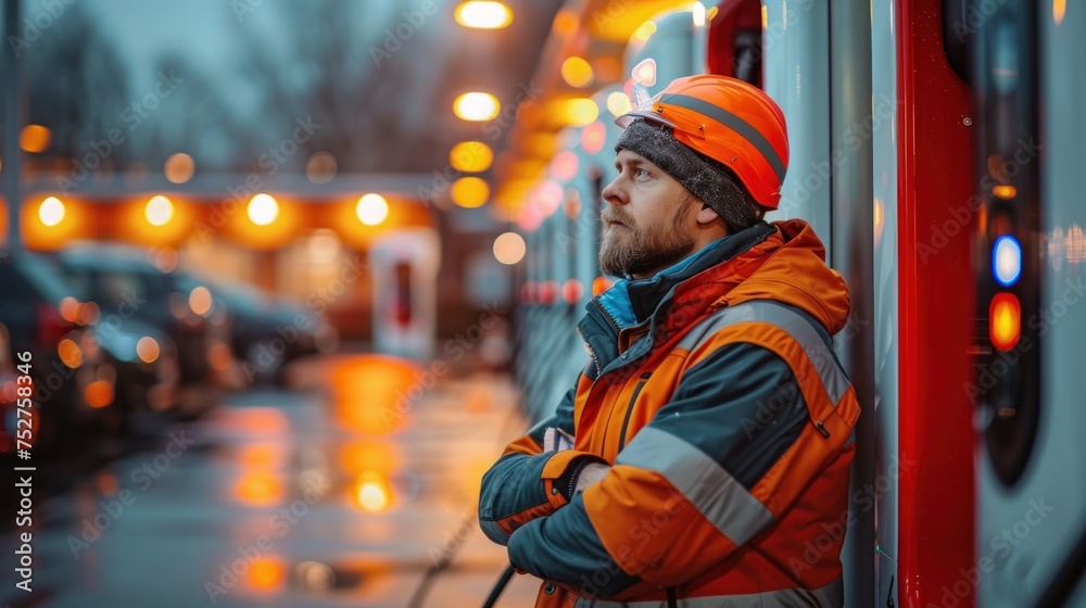 An engineer conducts a safety audit of EV maintenance facilities. An engineer conducts a safety audit of EV maintenance facilities.