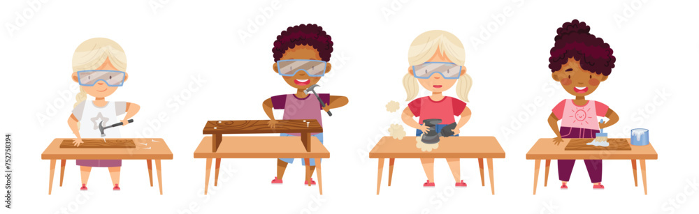 Children at Table Woodworking Making Items from Wood Vector Set Children at Table Woodworking Making Items from Wood Vector Set