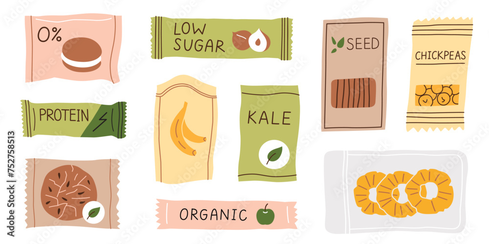 Healthy snacks set, energy bars with low sugar, nutritious food collection, protein desserts icons, vector illustrations of organic dried fruit, fitness bars and cookies, diet eating